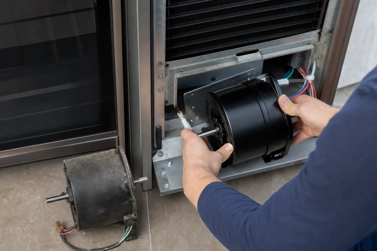 Hands fitting a new condenser fan motor into the machine compartment of a glass-door refrigeration unit, the old caked motor on the floor