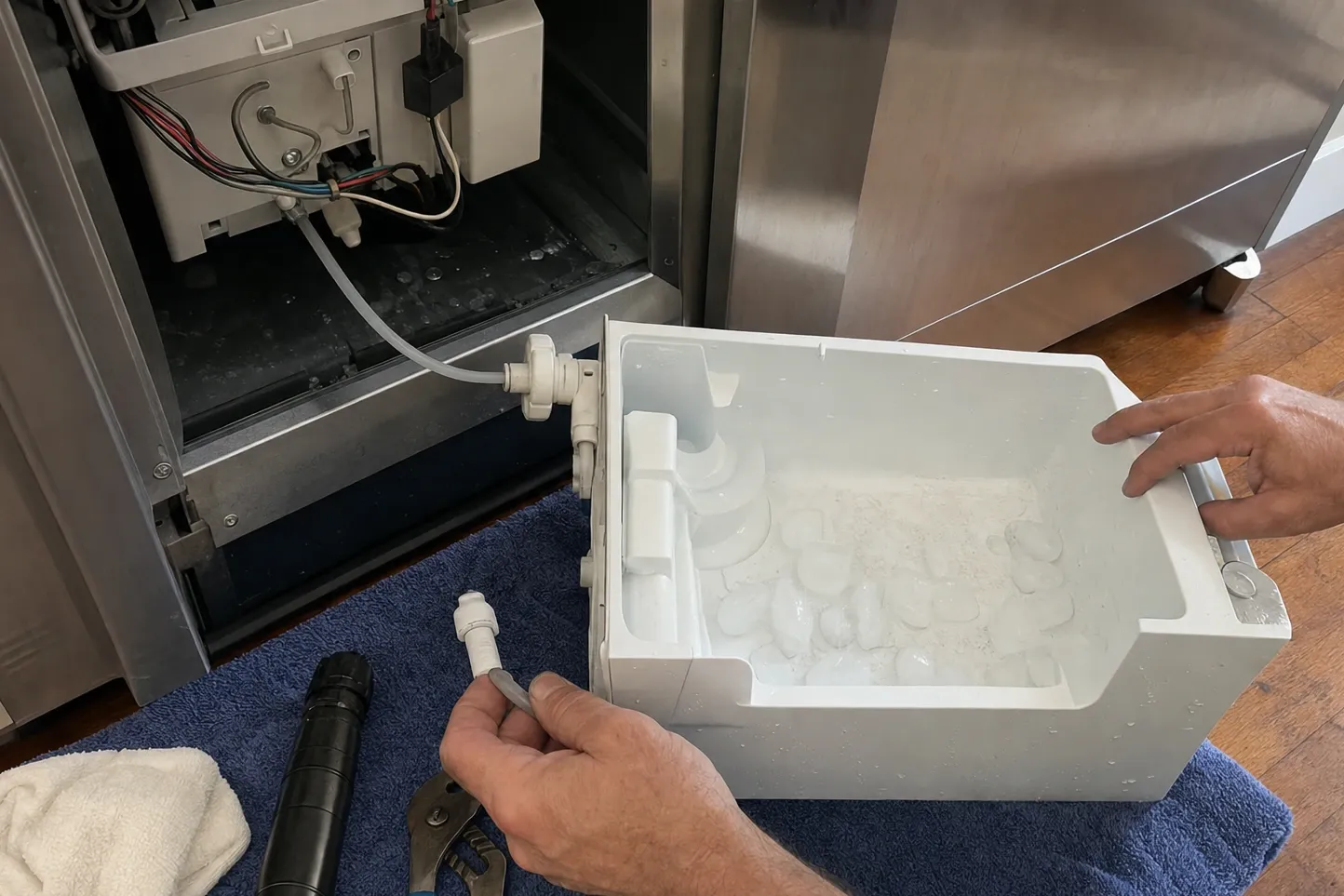 White ice storage bin part-full of cubes set down on a towel, the emptied machine bay behind it showing the ice-maker module, its wiring and the water fill tube