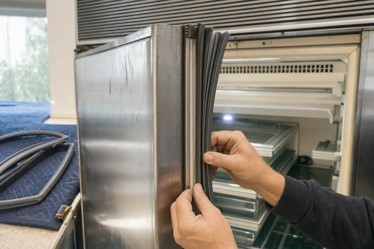 A new grey door gasket being worked into the channel of a full-size stainless door, the cabinet standing open on empty glass shelves with two removed gaskets on a blanket