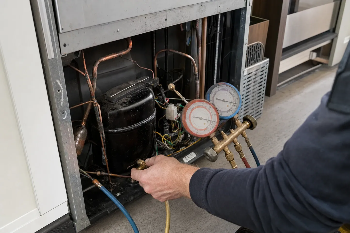 Manifold gauge set connected at the compressor of a built-in refrigeration unit with the grille removed, copper suction and discharge lines and the filter-drier in view